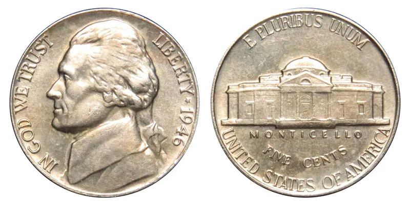 1946 Jefferson Nickel obverse and reverse showing Thomas Jefferson portrait and Monticello design