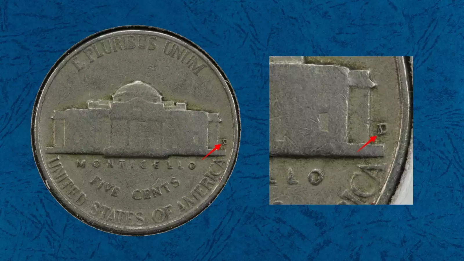 1946-D nickel D/Inverted D RPM FS-501 showing ghostly inverted D mint mark beneath the correct D on the coin reverse