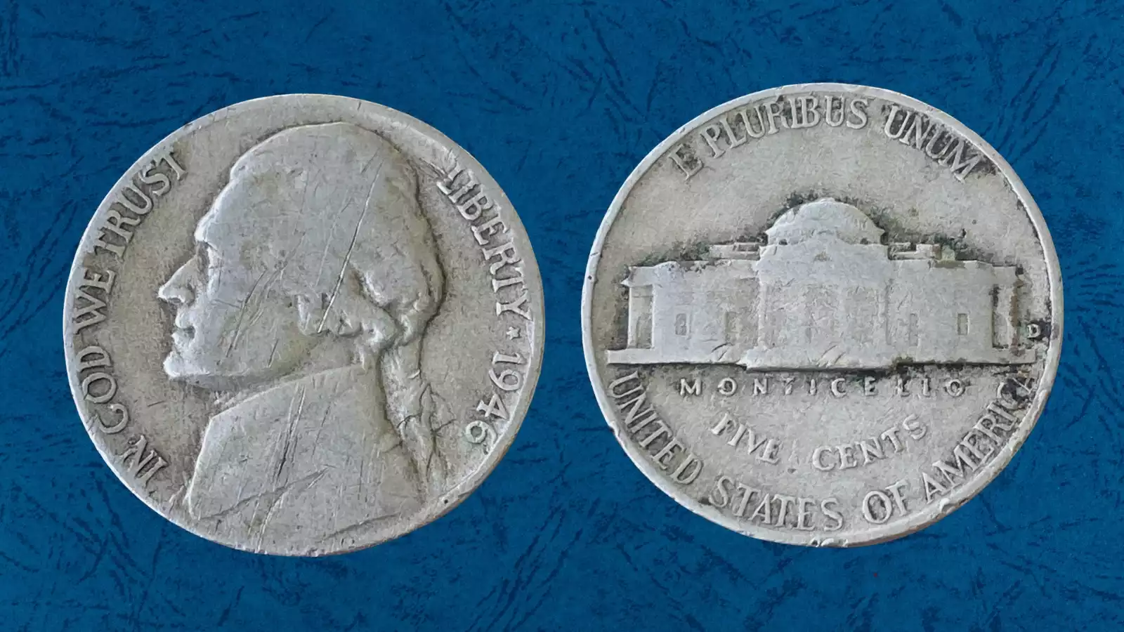 1946 Jefferson nickel struck on silver war planchet showing distinctive grayish-silver tone compared to standard copper-nickel example