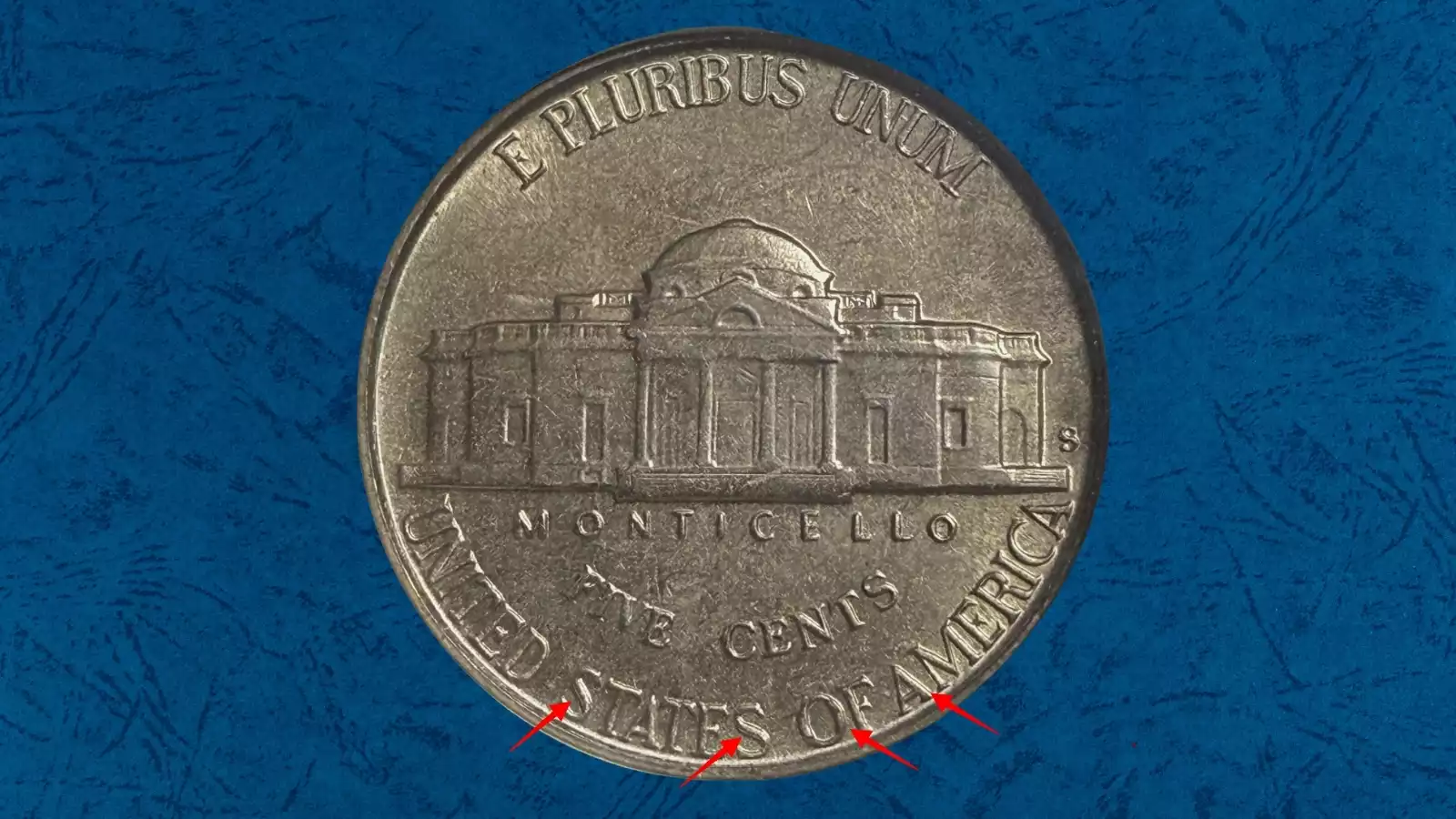 1946 nickel Doubled Die Reverse FS-801 showing Class VI extra thickness and doubling on MONTICELLO and FIVE CENTS inscriptions