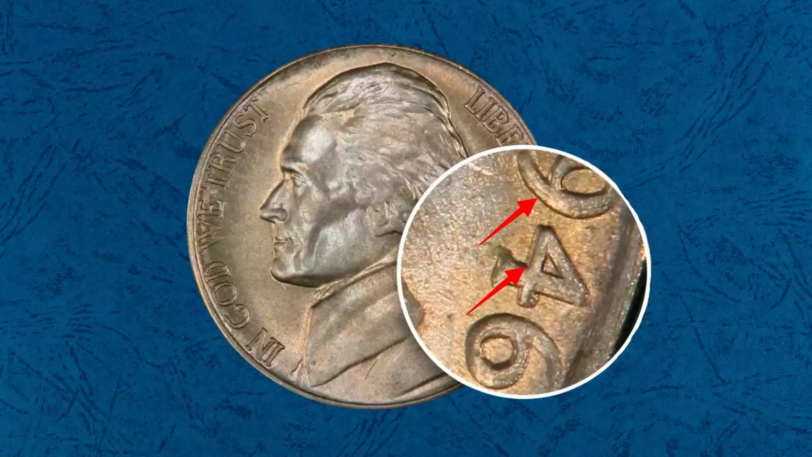 1946-S nickel Doubled Die Obverse FS-101 showing doubling on IN GOD WE TRUST and LIBERTY inscriptions and Jefferson portrait