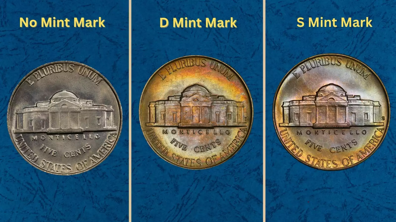 Group of 1946 Jefferson nickels from Philadelphia, Denver, and San Francisco mints showing all three mint mark varieties