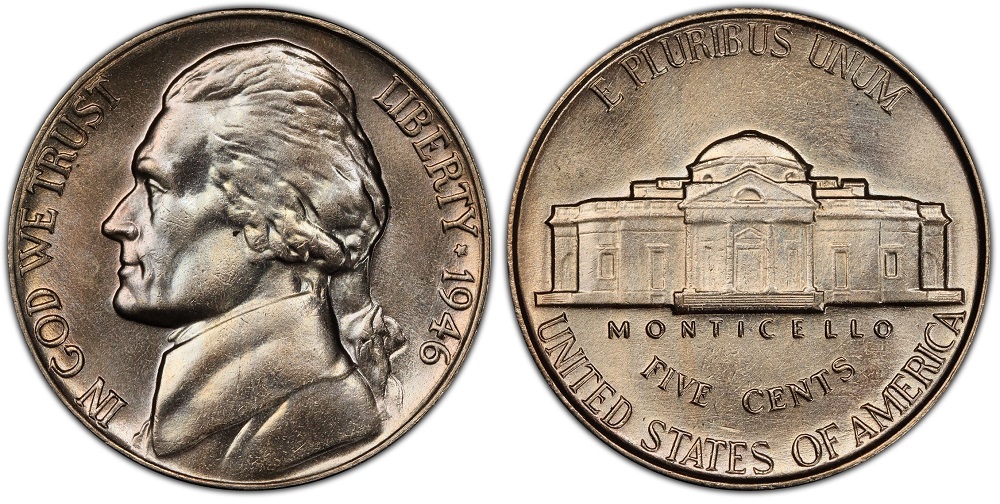 1946 Jefferson nickel grading strip showing four coins from left to right in Good, Fine, Extremely Fine, and Mint State condition